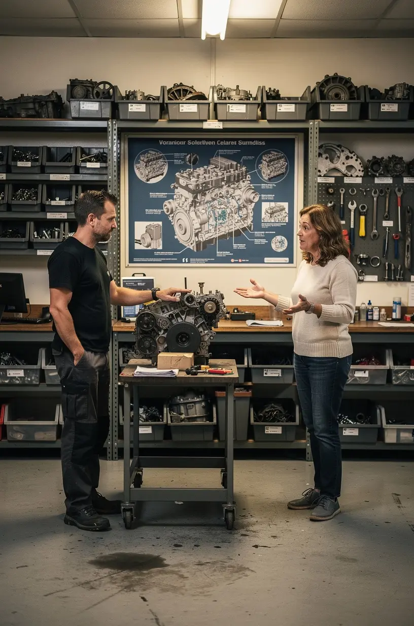 Zákazník konzultujúci s odborníkom možnosti opravy a vylepšenia motora