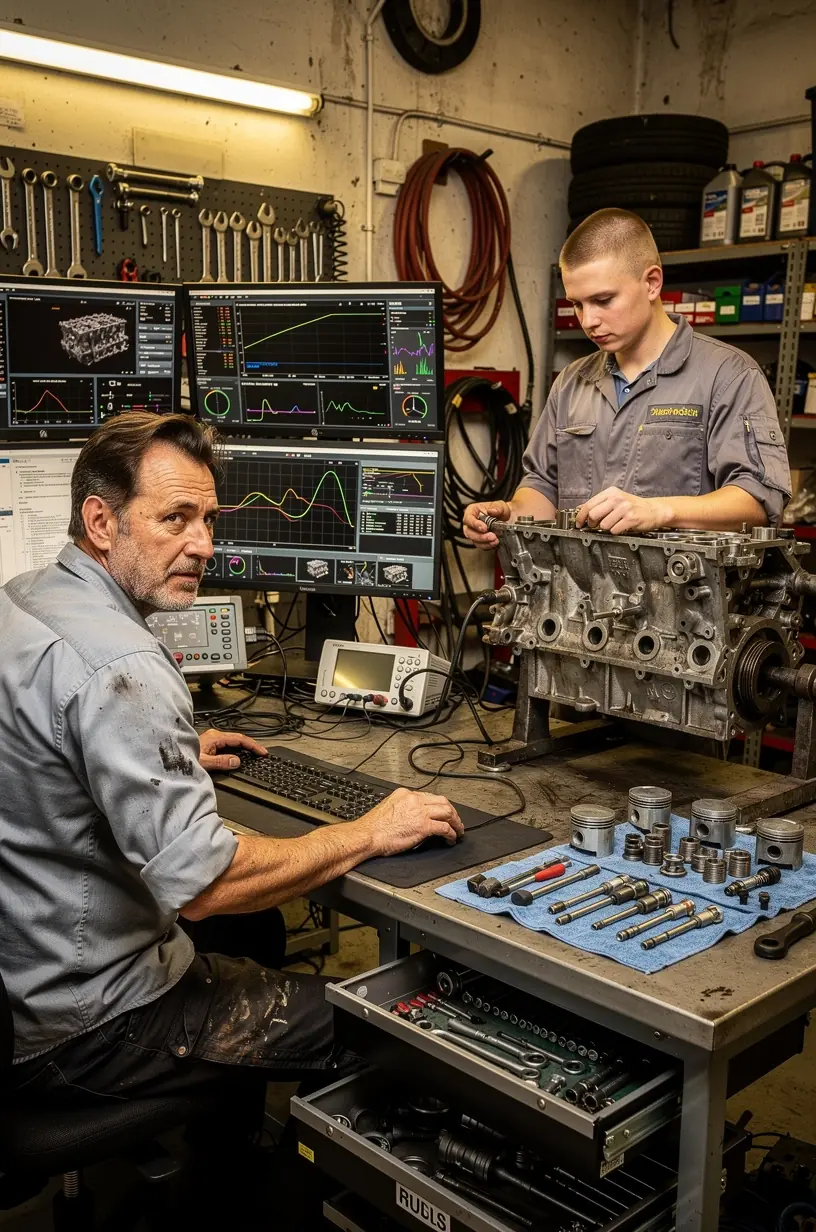 Technik vykonávajúci kontrolu motora pomocou špecializovaného softvéru